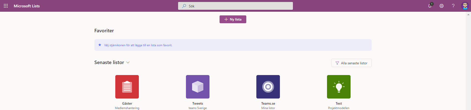 Startsida för Microsoft Lists