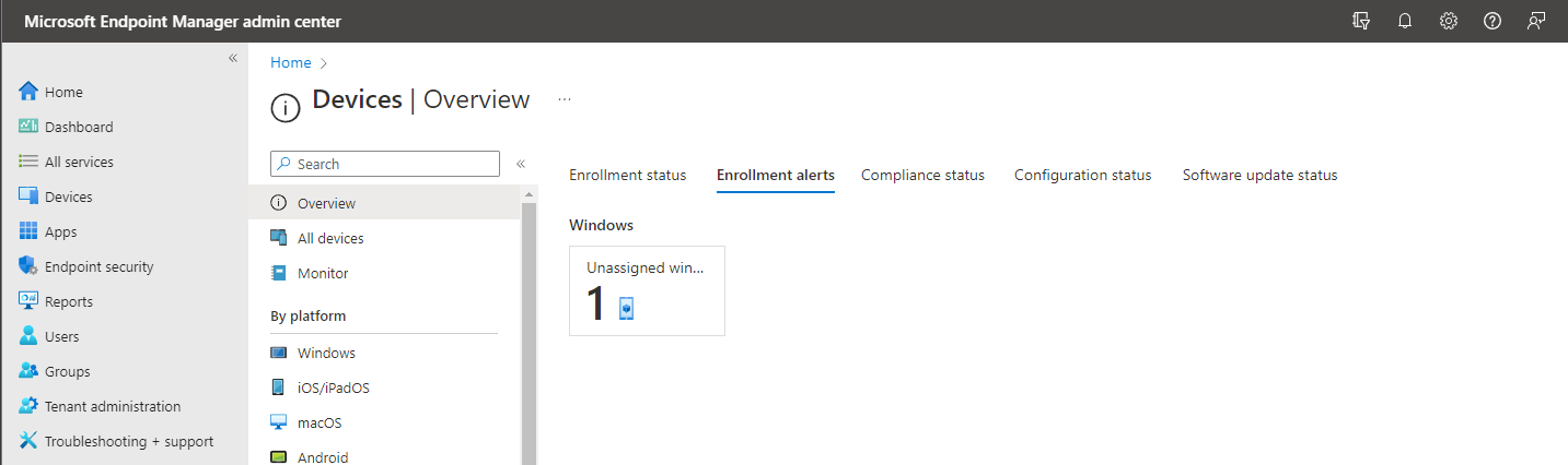 Screenshot of Intune -> Devices -> Enrollment alerts