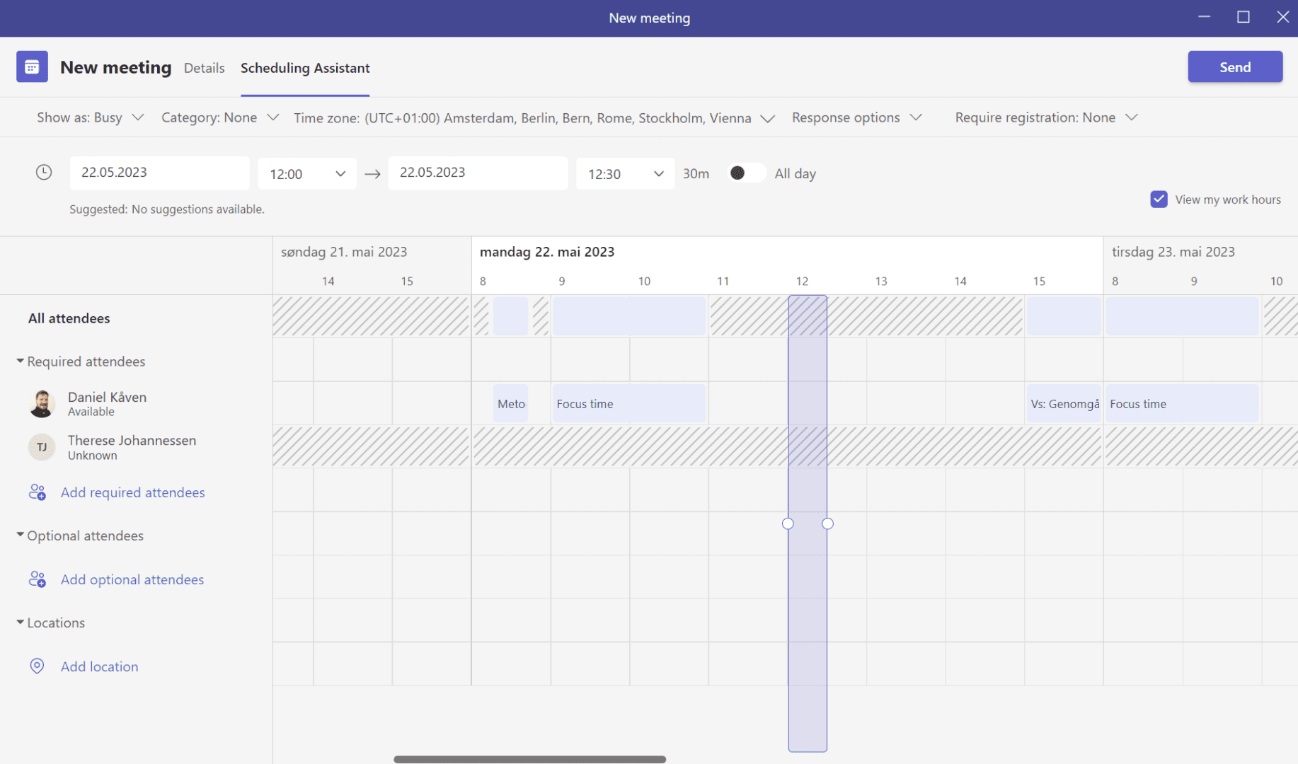Scheduling assistant for teams meetings