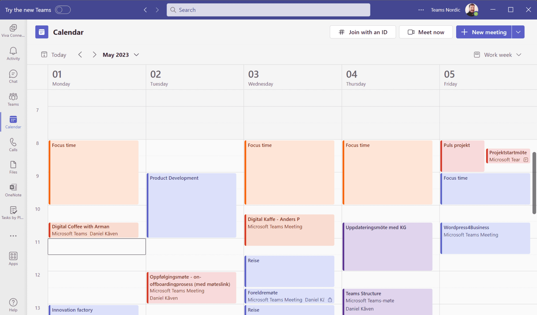 Screenshot of Teams calendar